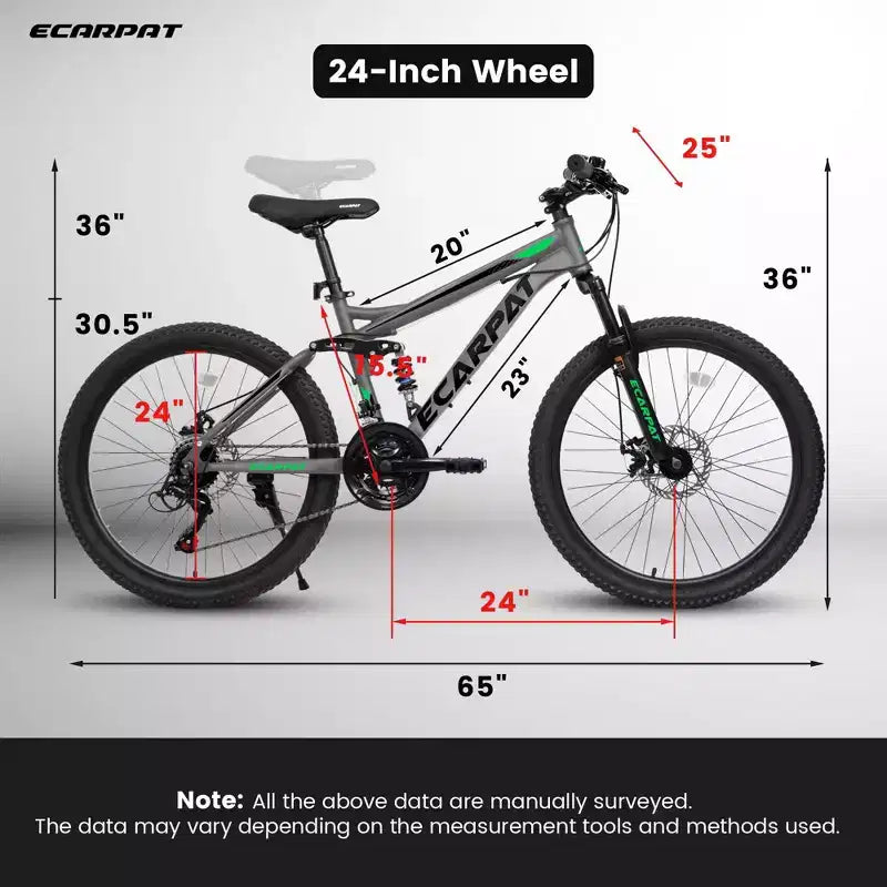 VTT Okak 24 pouces en acier au carbone avec suspension intégrale, vélo homme avec leviers de vitesses 21 vitesses et freins à disque, vélo pour enfants et adultes