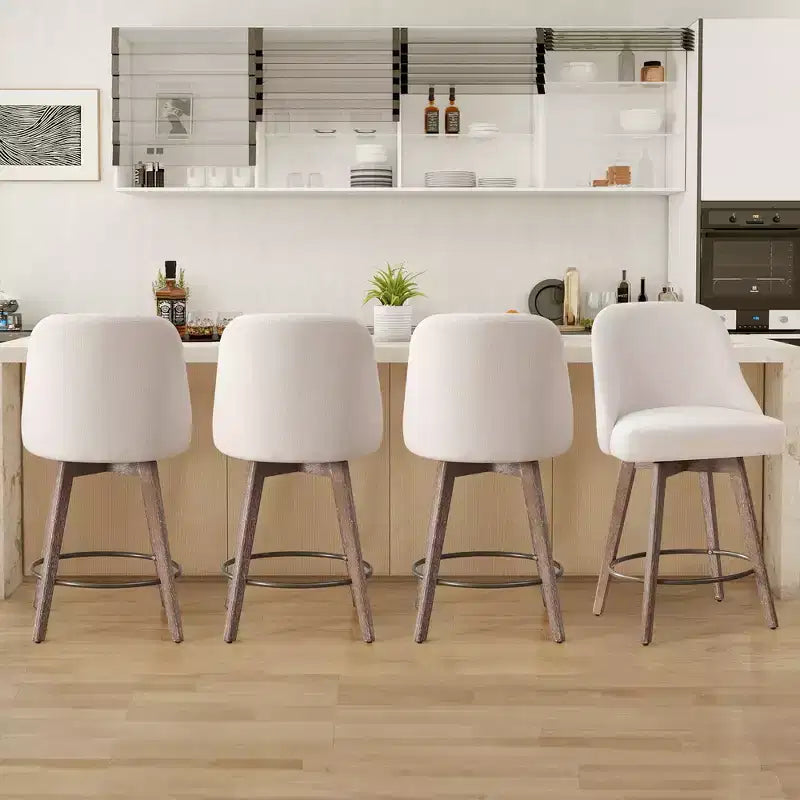 Lot de 4 tabourets de bar pivotants à hauteur de comptoir Bekrvio 26 po avec dossiers et pieds en bois, tabourets de bar rembourrés en tissu lin/similicuir pour îlot de cuisine