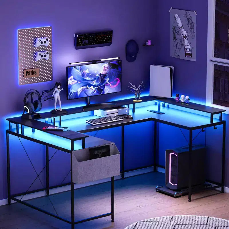 COZONY Bureau de jeu en forme de U/L 78", bureau d'ordinateur réversible avec prises de courant, lumières LED, support de moniteur et étagère de rangement, bureau d'angle pour le bureau à domicile
