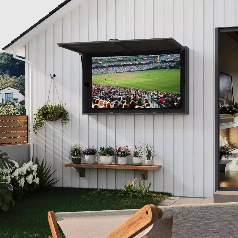 Meuble TV d'extérieur 55 pouces, cache-télévision en bois massif résistant aux intempéries avec support réglable 4D et porte rabattable (convient aux téléviseurs de 44 à 55 pouces)