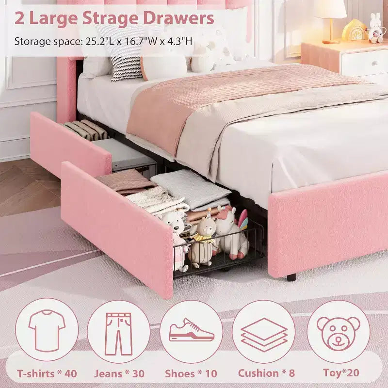 Cadre de lit avec tête de lit de rangement, cadre de lit pour enfant avec 2 tiroirs, lit plateforme capitonné en tissu, tête de lit profilée avec bibliothèque
