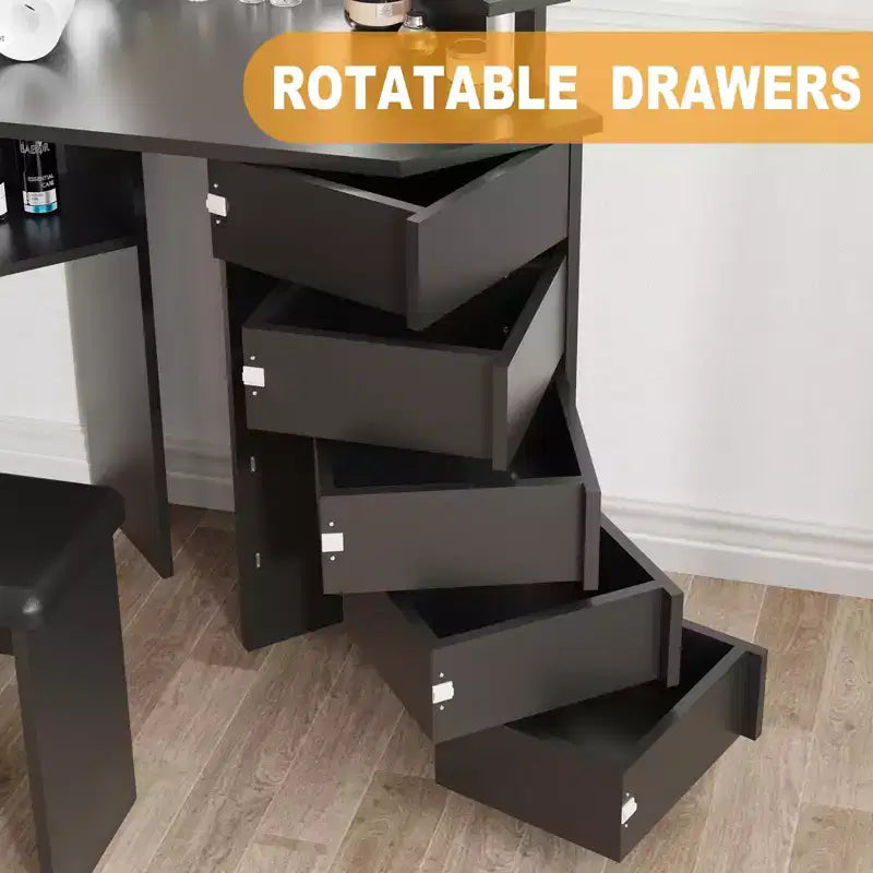 Coiffeuse d'angle avec lumières, table de maquillage avec prise de courant et tiroirs rotatifs pour chambre à coucher