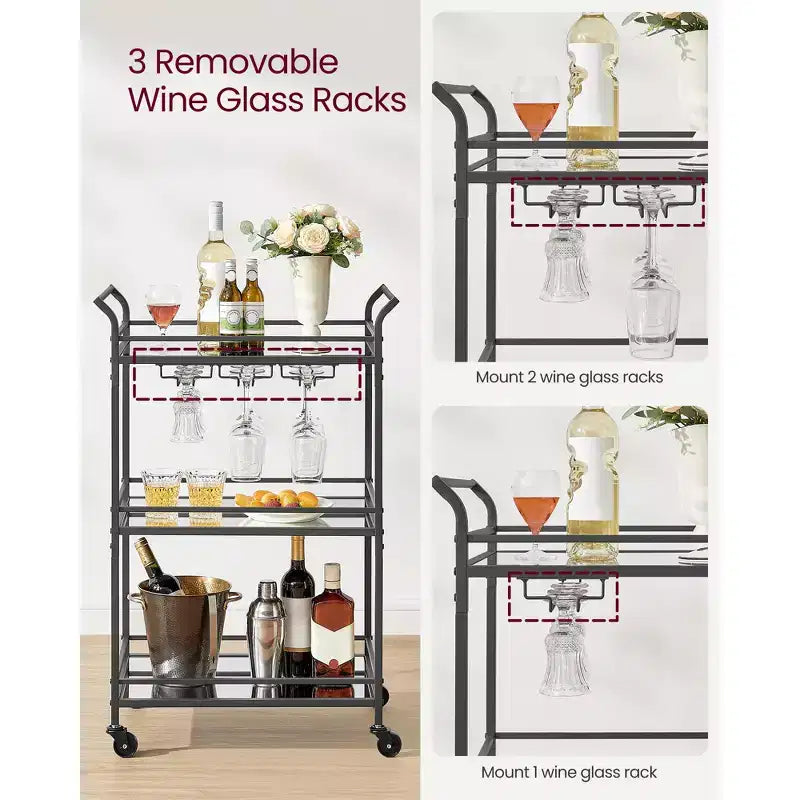 Chariot de bar, Desserte de bar à domicile, Petit chariot de bar avec étagère à 3 niveaux, Range-bouteilles, Porte-verres, Chariot de bar, 38 x 60 x 92 cm