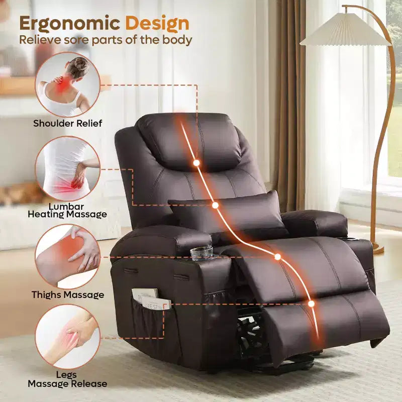 Fauteuil inclinable électrique avec assistance au levage Bestier 34,6 po avec massage et chaleur, fauteuil inclinable en similicuir avec poches latérales et porte-gobelets