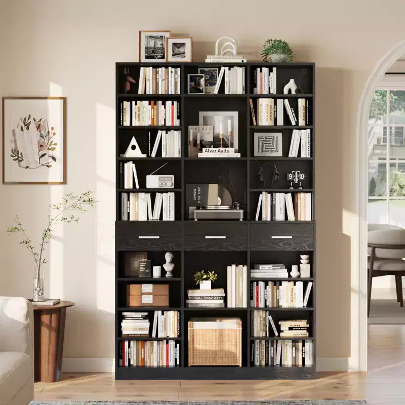 Bibliothèque 9 niveaux noir/blanc avec 3 tiroirs, étagères réglables