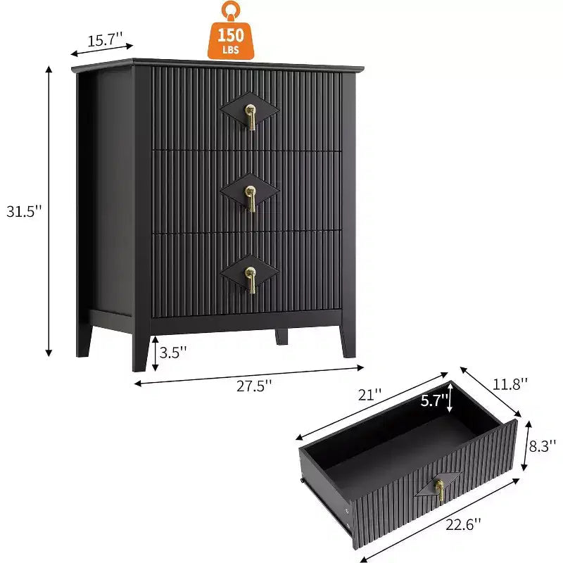 2 tables de chevet cannelées en bois, commode à 3 tiroirs de 69,85 cm de large, tables de nuit modernes, commode de chambre à coucher, salon