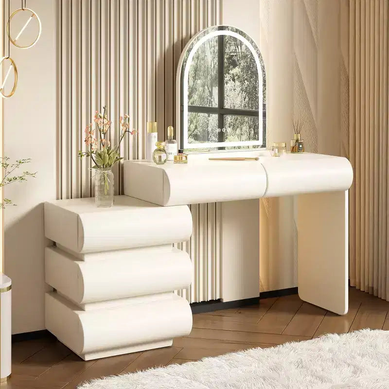Table de maquillage moderne en cuir avec miroir éclairé par LED et 5 tiroirs