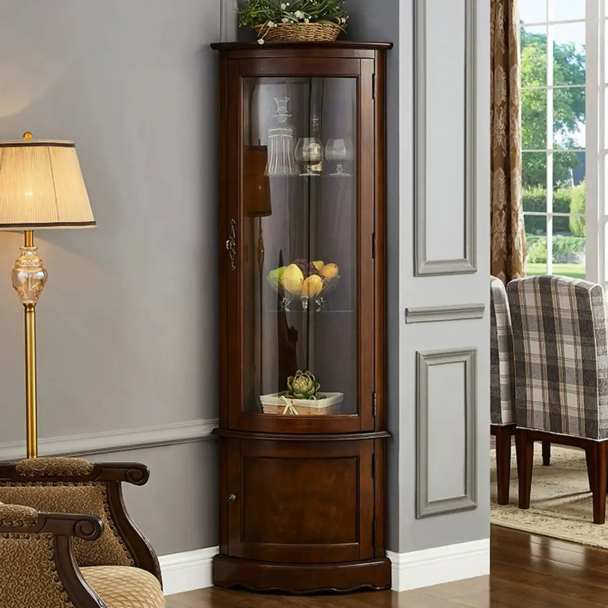 Meuble d'angle classique en bois d'hévéa marron avec porte vitrée