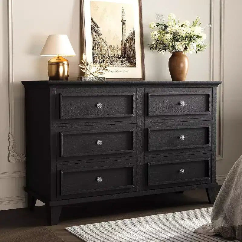 Commode de chambre, commode large à 6 tiroirs, organisateur de rangement, commode en bois moderne avec poignées métalliques pour couloir, entrée, bureau à domicile