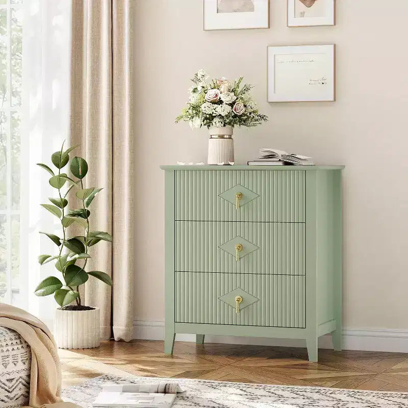 2 tables de chevet cannelées en bois, commode à 3 tiroirs de 69,85 cm de large, tables de nuit modernes, commode de chambre à coucher, salon