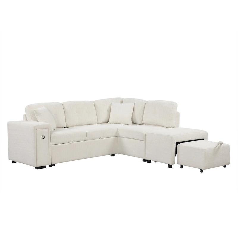 Canapé d'angle 4 places avec lit gigogne, pouf, ports USB et tablette rabattable
