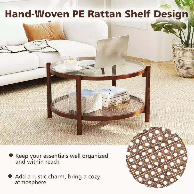 Table basse ronde de 31 po avec plateau en verre trempé et tablette en rotin