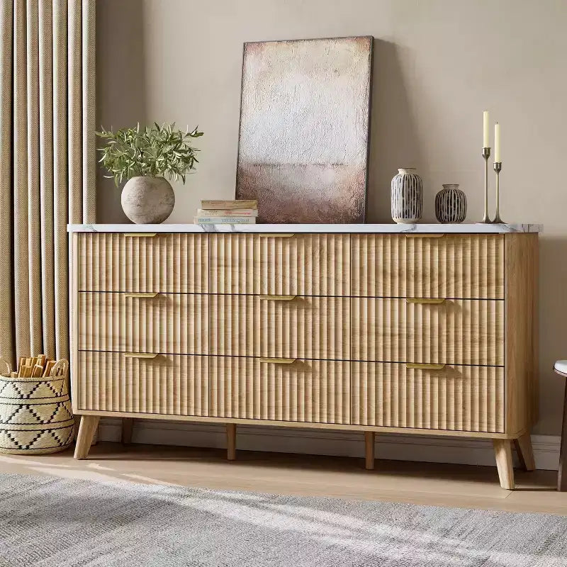Commode cannelée à 9 tiroirs, 154 cm de large, en bois, avec rangement profond, pour chambre à coucher, salon ou couloir