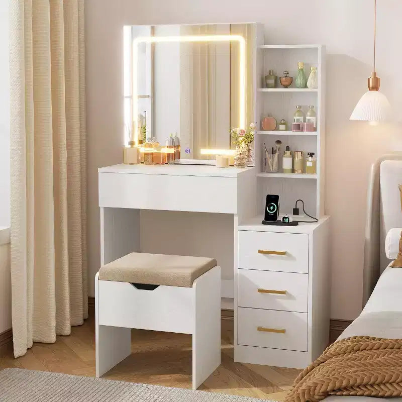 Coiffeuse moderne DobleePy avec miroir coulissant et lumières LED, 4 tiroirs, 7 étagères, station de recharge et tabouret, table de maquillage pour chambre à coucher