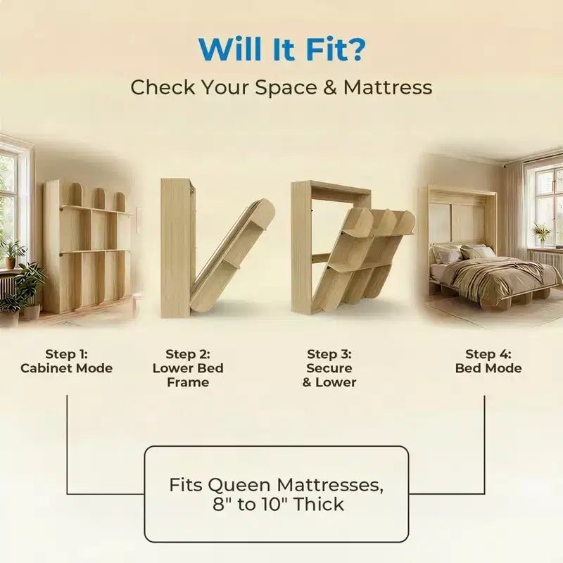 Lit escamotable 2-en-1 invisible Murphy avec étagères de rangement, Grand lit (Queen), Bois naturel (Matelas non inclus)