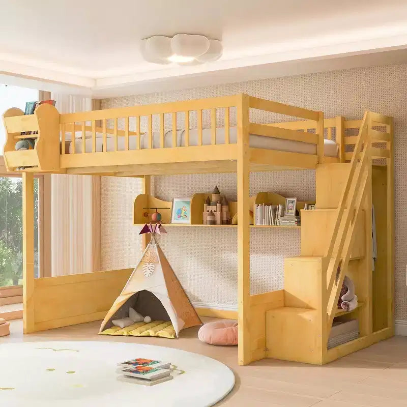 Lit mezzanine double avec escalier, armoire et étagères de rangement – MDF, 295 kg