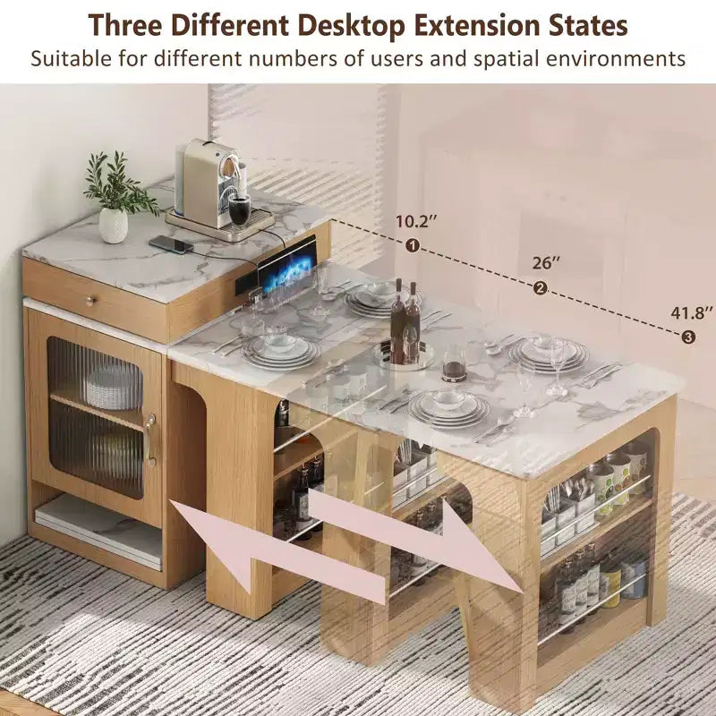 Îlot de cuisine de 59,5 po avec table à manger extensible, rangement double face et prise électrique, naturel