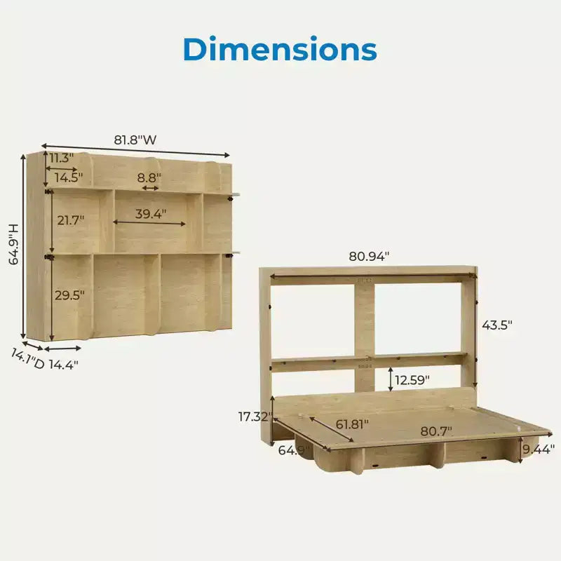 Lit escamotable 2-en-1 invisible Murphy avec étagères de rangement, Grand lit (Queen), Bois naturel (Matelas non inclus)