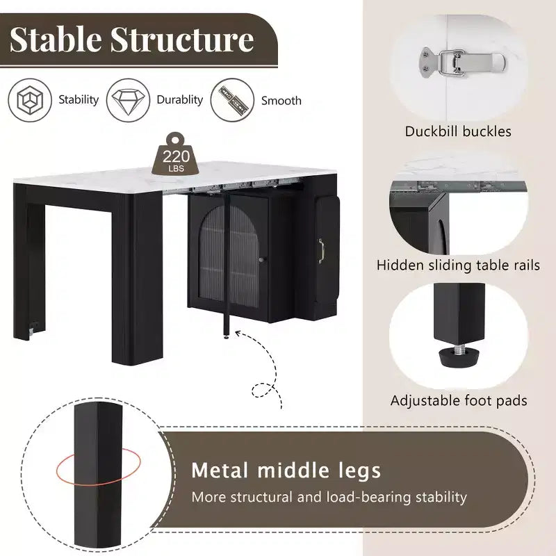 Table à manger extensible Whisen, table îlot mobile roulante avec 3 rallonges amovibles, meuble de rangement
