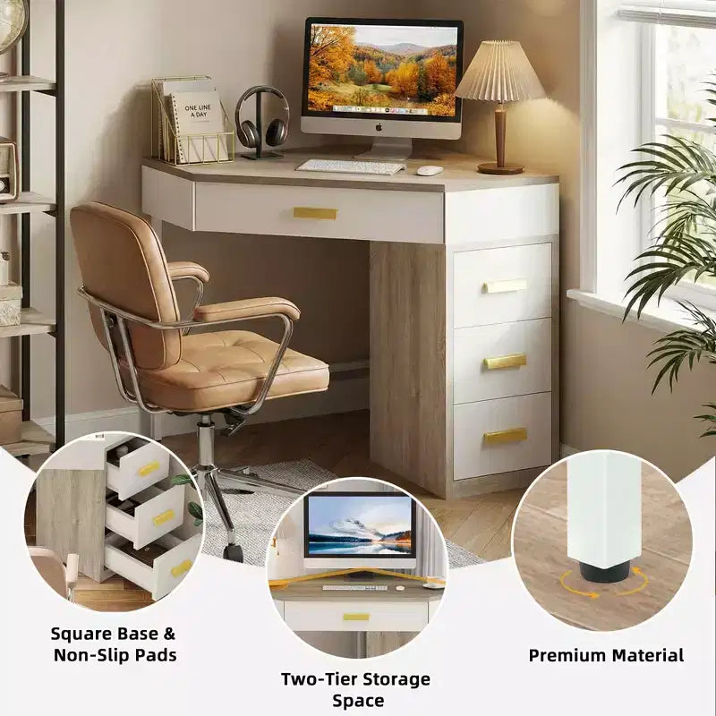 MAYEERTY Bureau d'angle triangulaire 90 avec 4 tiroirs, bureau informatique/coiffeuse