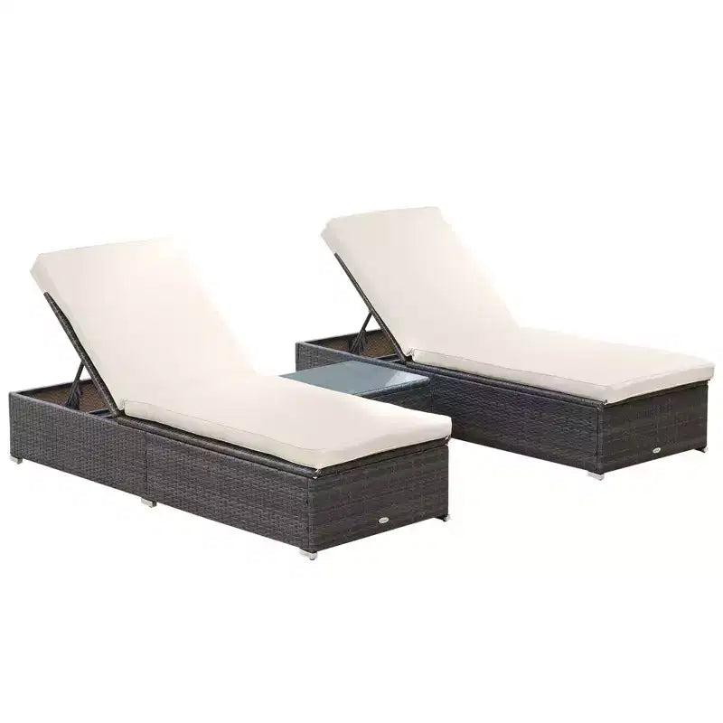 Ensemble de 2 chaises longues avec dossier réglable sur 5 positions, table basse d'extérieur, coussins déperlants, chaises de piscine en rotin PE