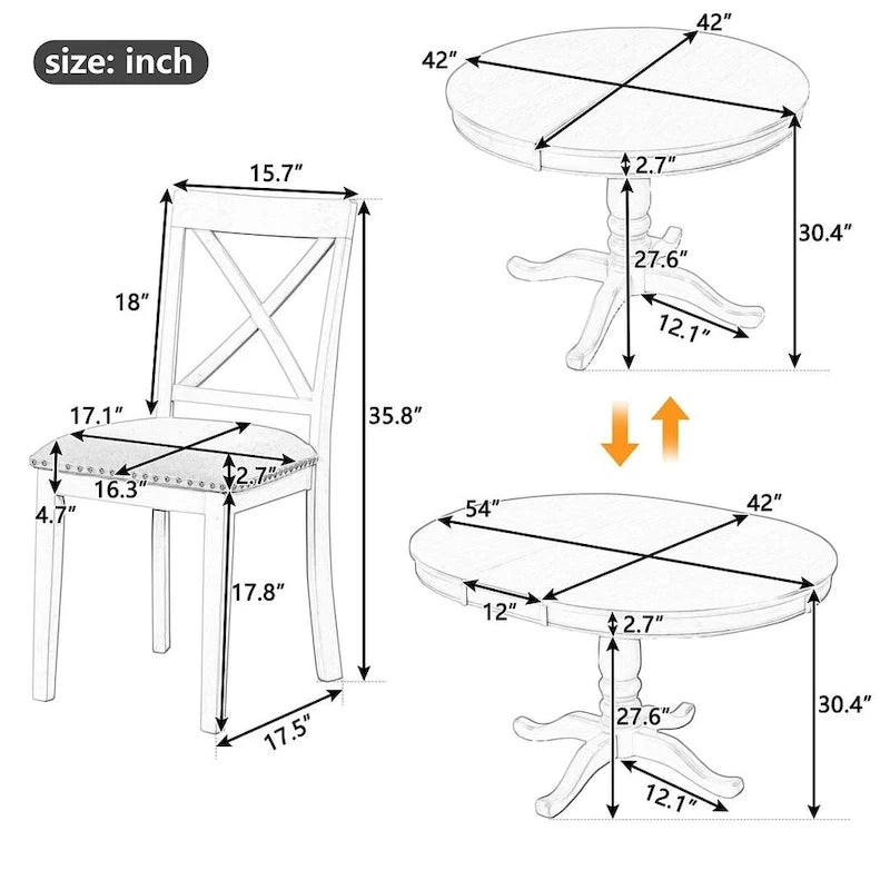 Table à manger ronde extensible 4 places de 42 à 54 po pour ferme