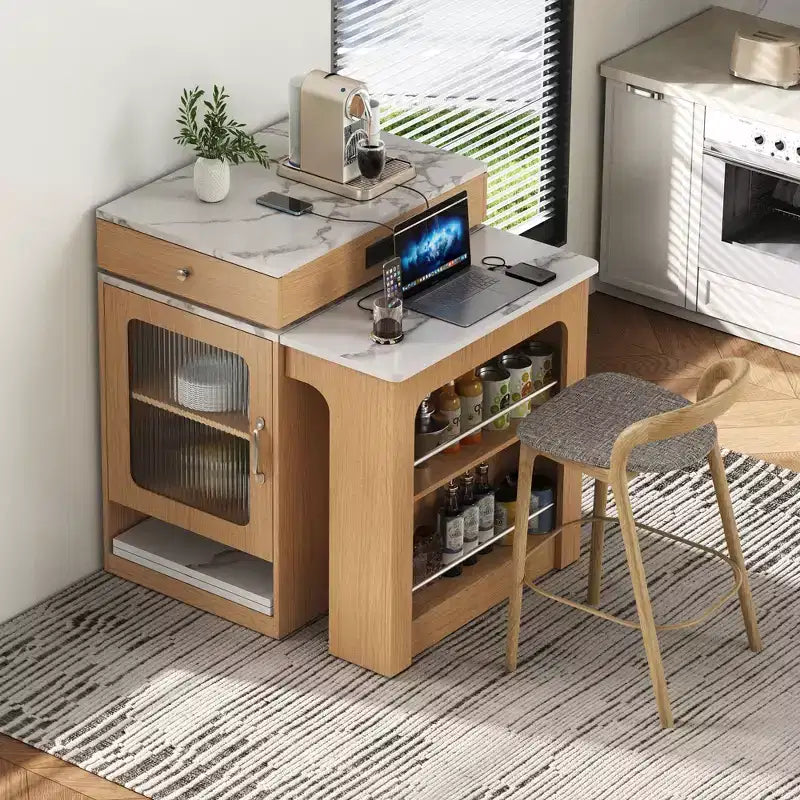 Îlot de cuisine de 59,5 po avec table à manger extensible, rangement double face et prise électrique, naturel