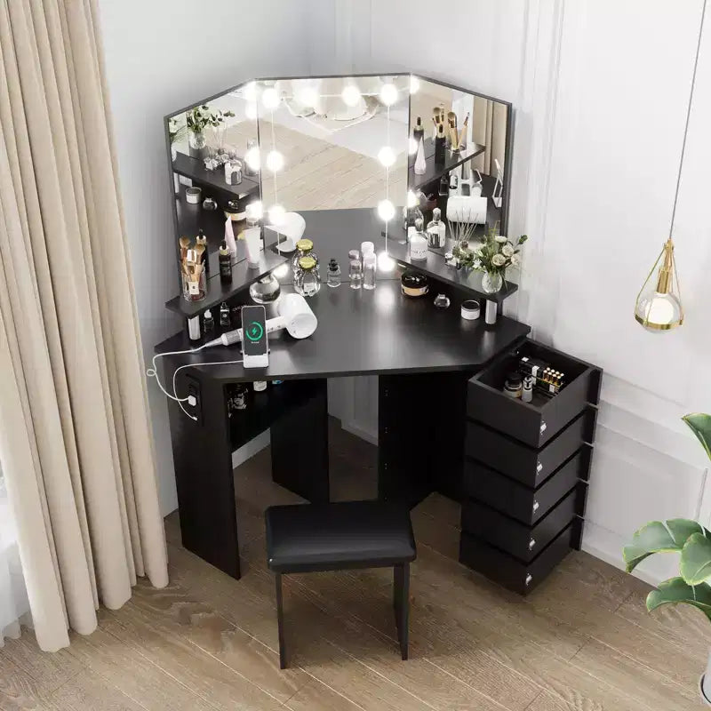 Coiffeuse d'angle avec lumières, table de maquillage avec prise de courant et tiroirs rotatifs pour chambre à coucher