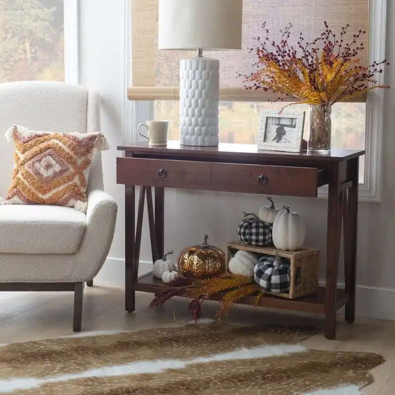 Console en bois marron tabac antique avec tiroir et étagère ouverte