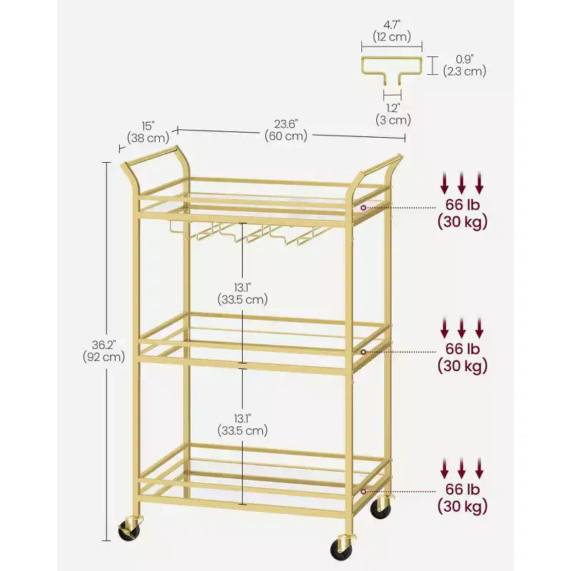Chariot de bar, Desserte de bar à domicile, Petit chariot de bar avec étagère à 3 niveaux, Range-bouteilles, Porte-verres, Chariot de bar, 38 x 60 x 92 cm