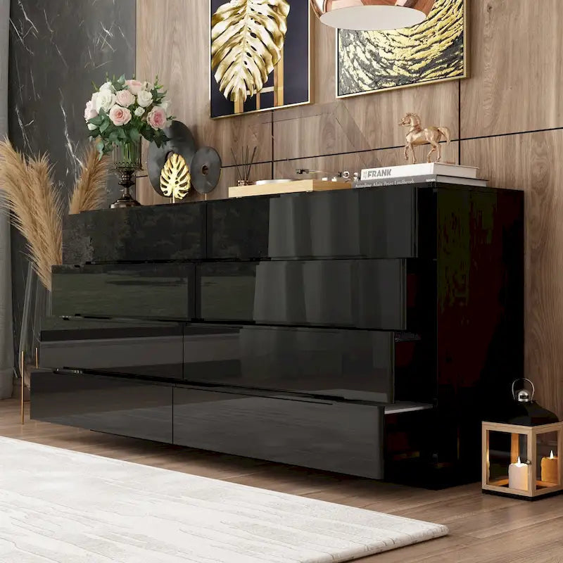 Commode haute brillance 63 po avec 8 tiroirs lumineux et plateau spacieux