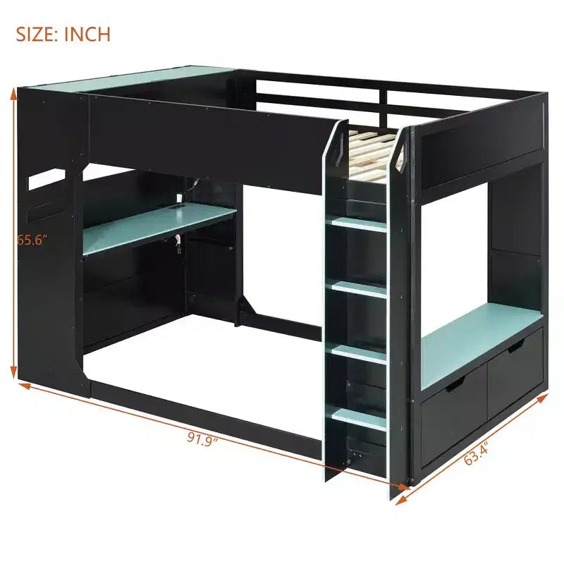 Lit mezzanine avec bureau réglable en hauteur, lumières RVB et rangement, lit gain de place pleine grandeur pour adolescents et adultes