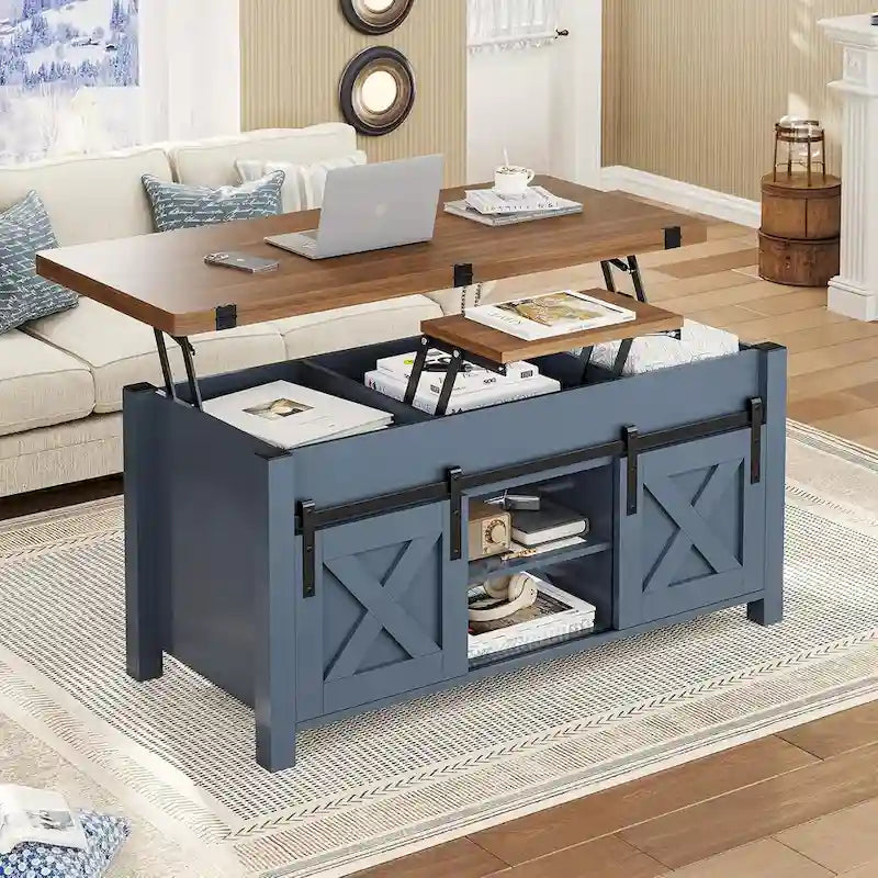 Table basse relevable 2 portes coulissantes style grange Table à manger avec rangement