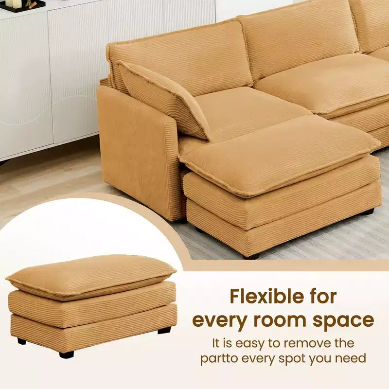 Canapé sectionnel modulaire moderne 5 places en velours côtelé, surdimensionné, 288 cm (L) x 201 cm (l), avec pouf, canapé en forme de U avec canapé d'angle, HYLEORY