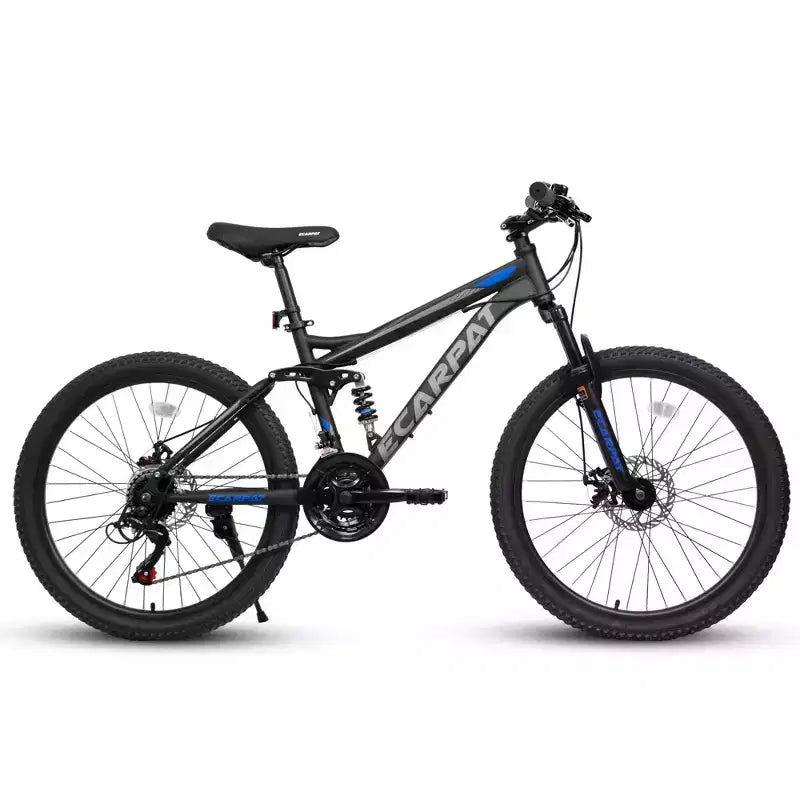 VTT Okak 24 pouces en acier au carbone avec suspension intégrale, vélo homme avec leviers de vitesses 21 vitesses et freins à disque, vélo pour enfants et adultes