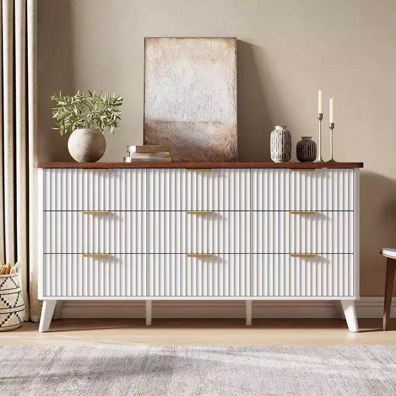 Commode cannelée à 9 tiroirs, 154 cm de large, en bois, avec rangement profond, pour chambre à coucher, salon ou couloir