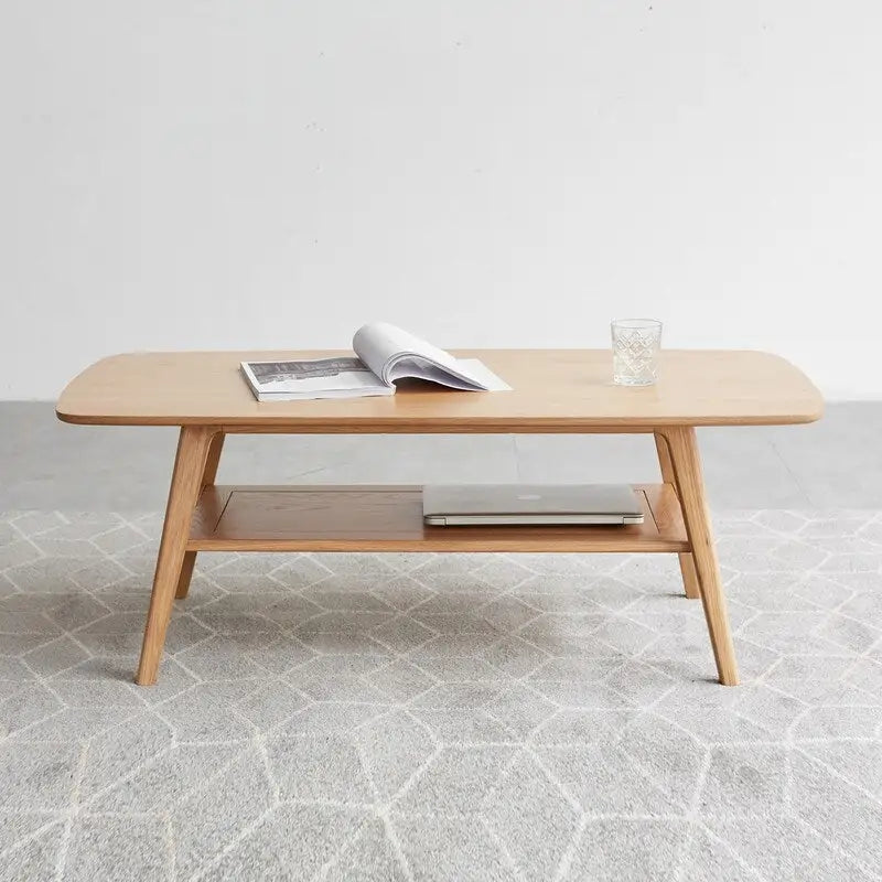 Table basse Grondin Nordic en bois massif naturel à 2 niveaux avec étagère, Table basse d'appoint rectangulaire