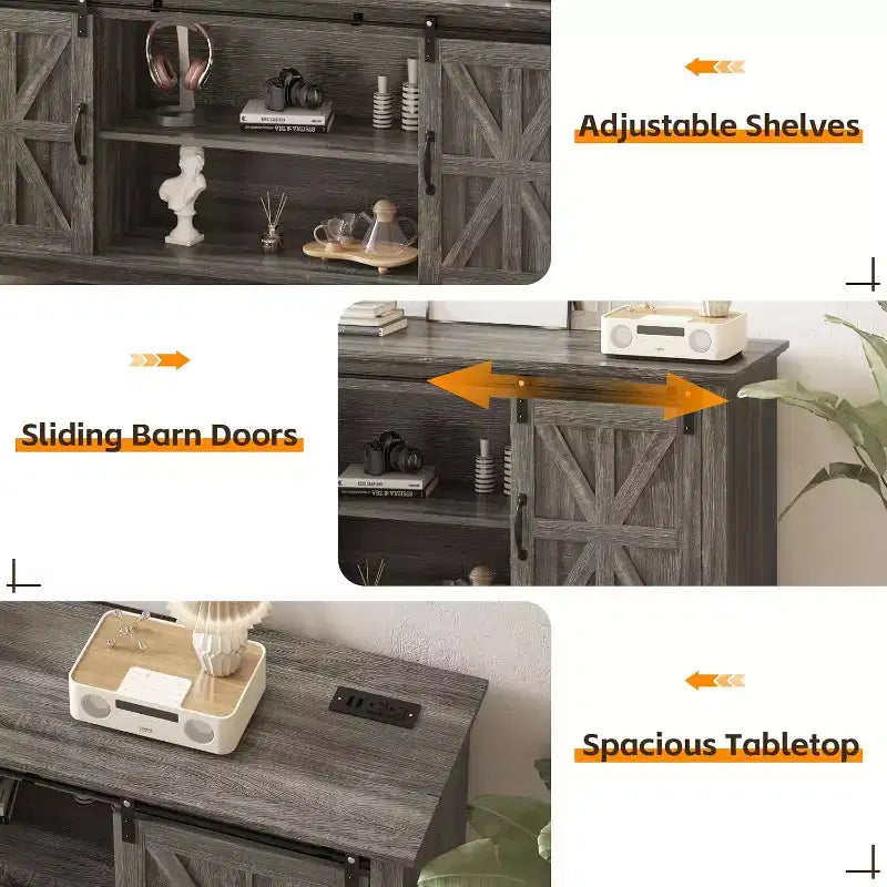 Meuble TV de ferme de 66 pouces pour téléviseurs de 75 pouces, console média avec porte de grange coulissante, prises de courant et placards de rangement réglables