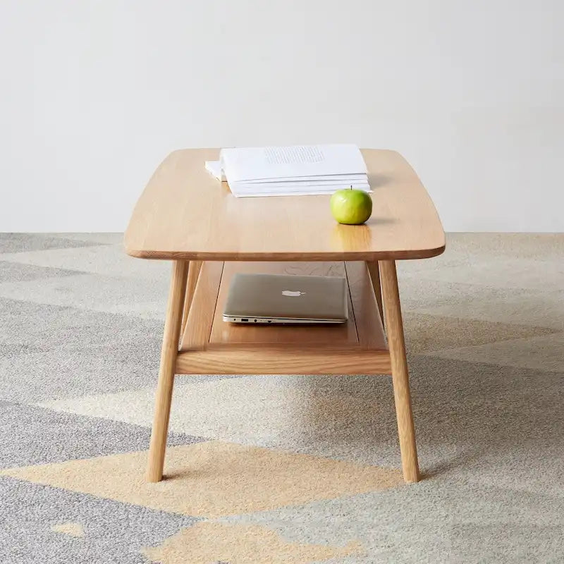 Table basse Grondin Nordic en bois massif naturel à 2 niveaux avec étagère, Table basse d'appoint rectangulaire