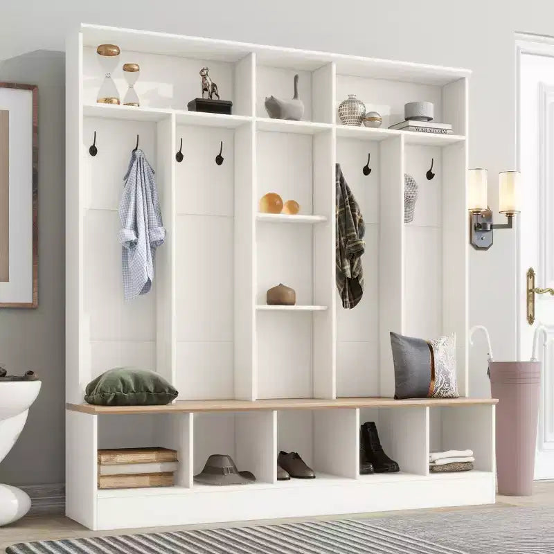 Meuble d'entrée large CLIHOME avec banc de rangement, armoire à chaussures minimaliste avec cubes de rangement et étagères