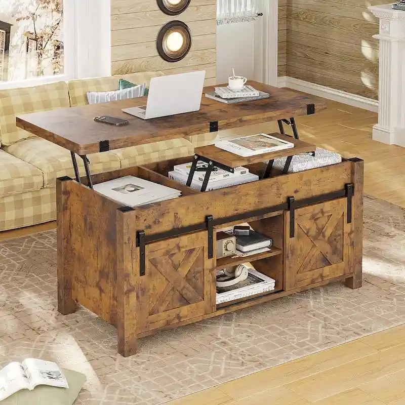 Table basse relevable 2 portes coulissantes style grange Table à manger avec rangement