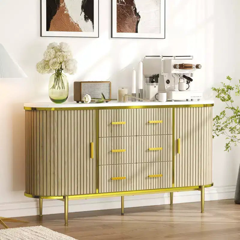 Buffet bas de ferme cannelé de 150 cm, meuble TV avec 6 tiroirs et 2 portes coulissantes, meuble de rangement polyvalent pour salon