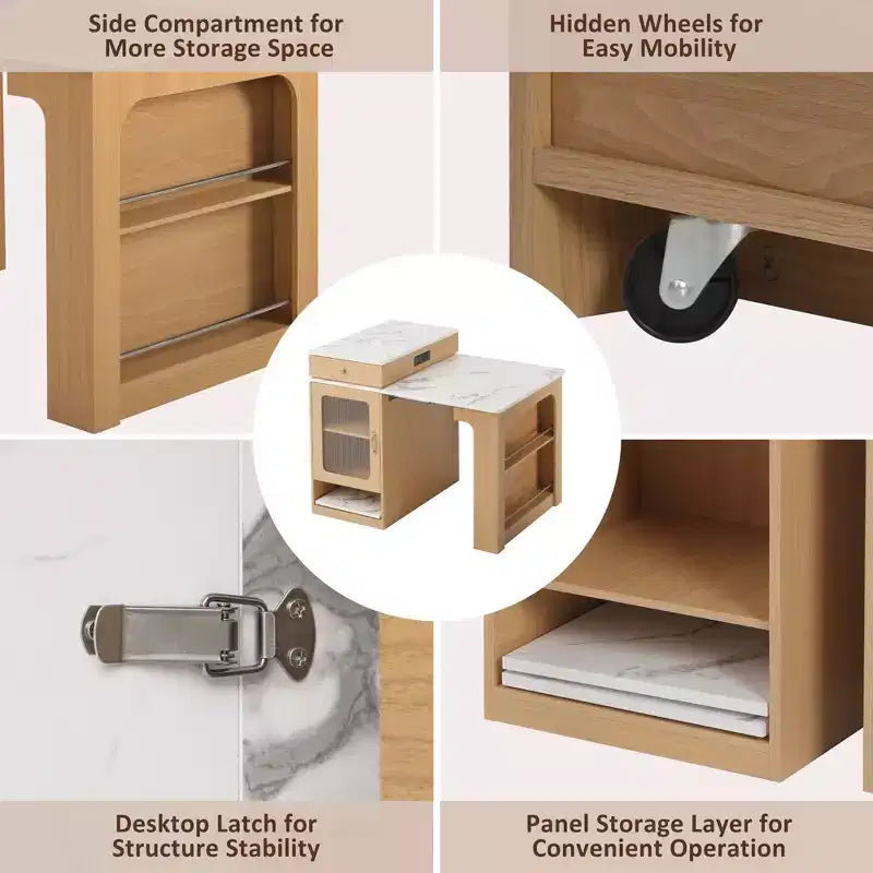 Îlot de cuisine de 59,5 po avec table à manger extensible, rangement double face et prise électrique, naturel