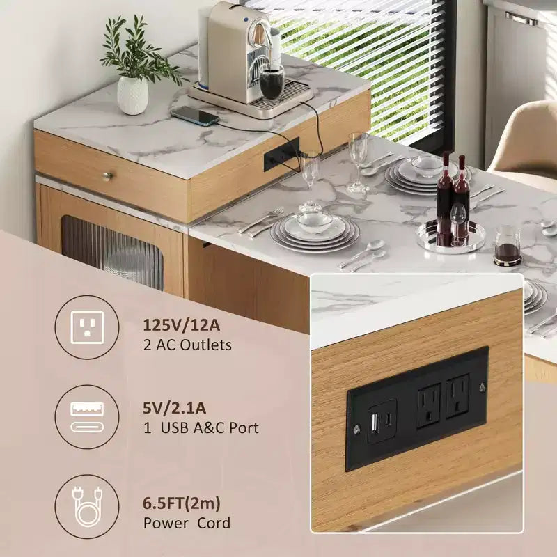 Îlot de cuisine de 59,5 po avec table à manger extensible, rangement double face et prise électrique, naturel