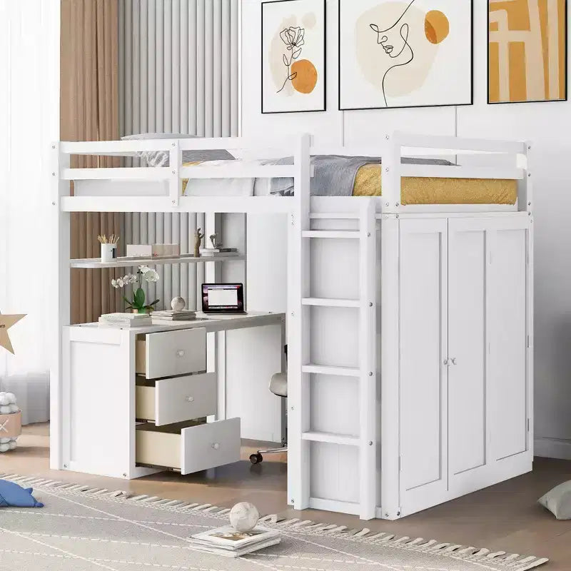 Lit mezzanine CLIHOME grand format avec 3 tiroirs de rangement, bureau et armoire