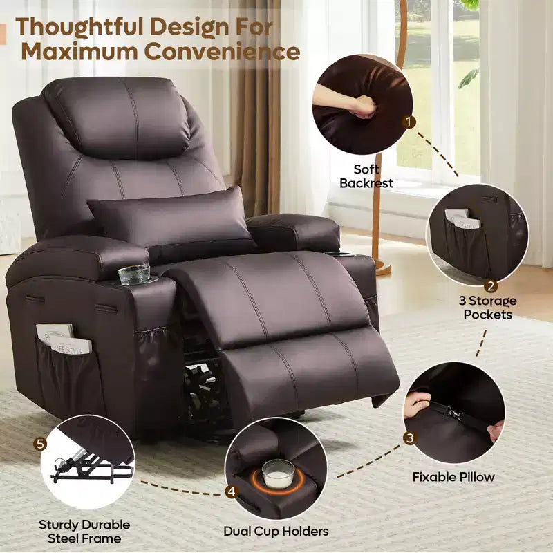 Fauteuil inclinable électrique avec assistance au levage Bestier 34,6 po avec massage et chaleur, fauteuil inclinable en similicuir avec poches latérales et porte-gobelets