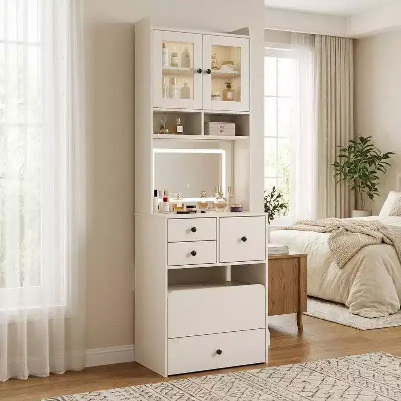 Coiffeuse 3-en-1 avec miroir lumineux, table de toilette compacte avec tiroirs, compartiment de rangement et tabouret roulant pour chambre à coucher