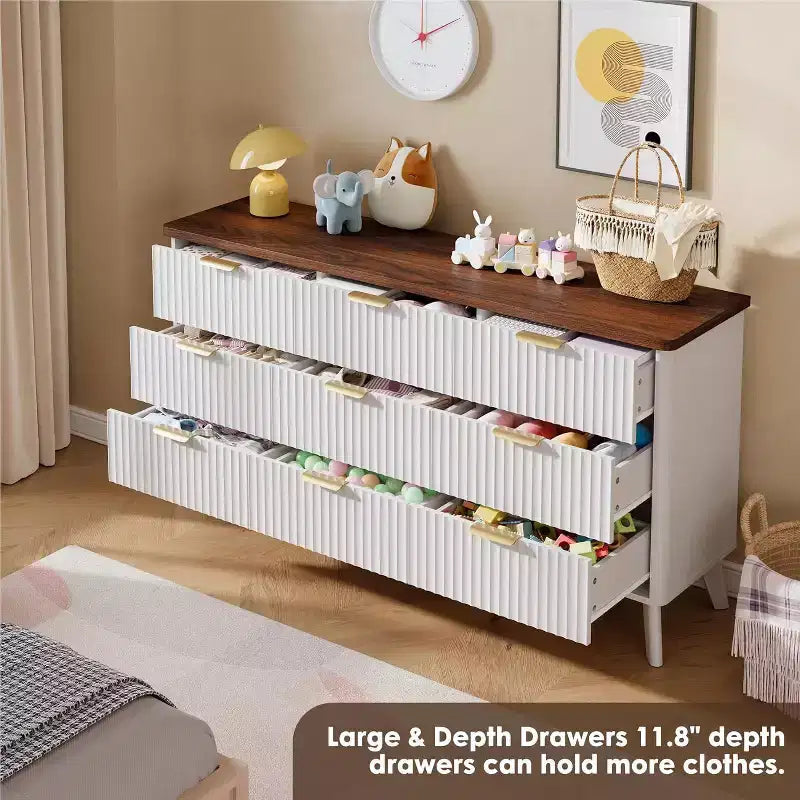 Commode cannelée à 9 tiroirs, 154 cm de large, en bois, avec rangement profond, pour chambre à coucher, salon ou couloir