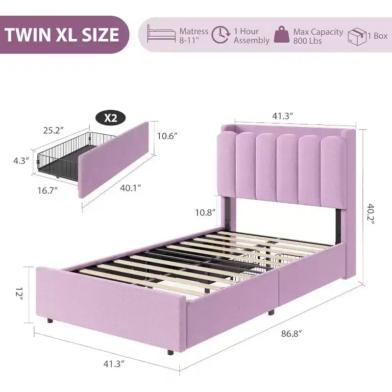 Cadre de lit avec tête de lit de rangement, cadre de lit pour enfant avec 2 tiroirs, lit plateforme capitonné en tissu, tête de lit profilée avec bibliothèque
