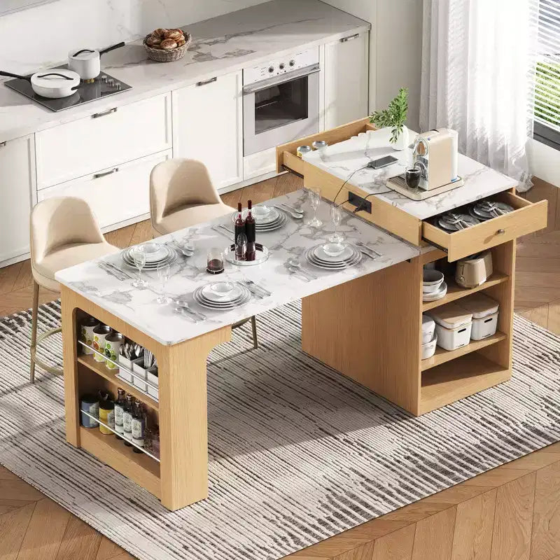 Îlot de cuisine de 59,5 po avec table à manger extensible, rangement double face et prise électrique, naturel